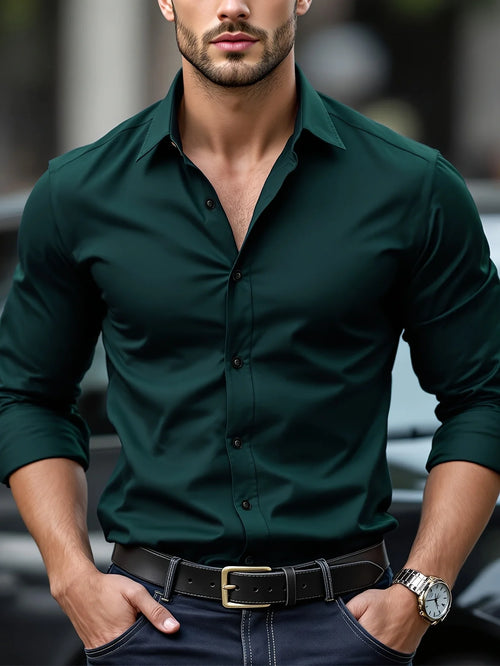 FGKKS New Men Shirt Brand New Solid Color Long Sleeve Elastic Fabric