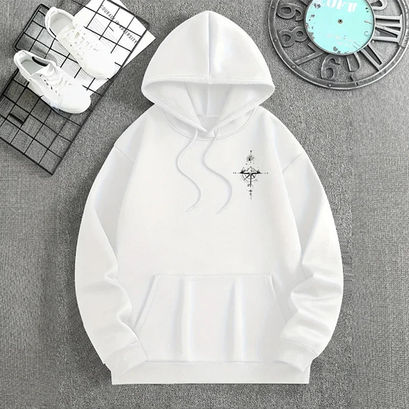Vintage Compass Print Hoodies for Men High Quality Hooded Long Sleeve