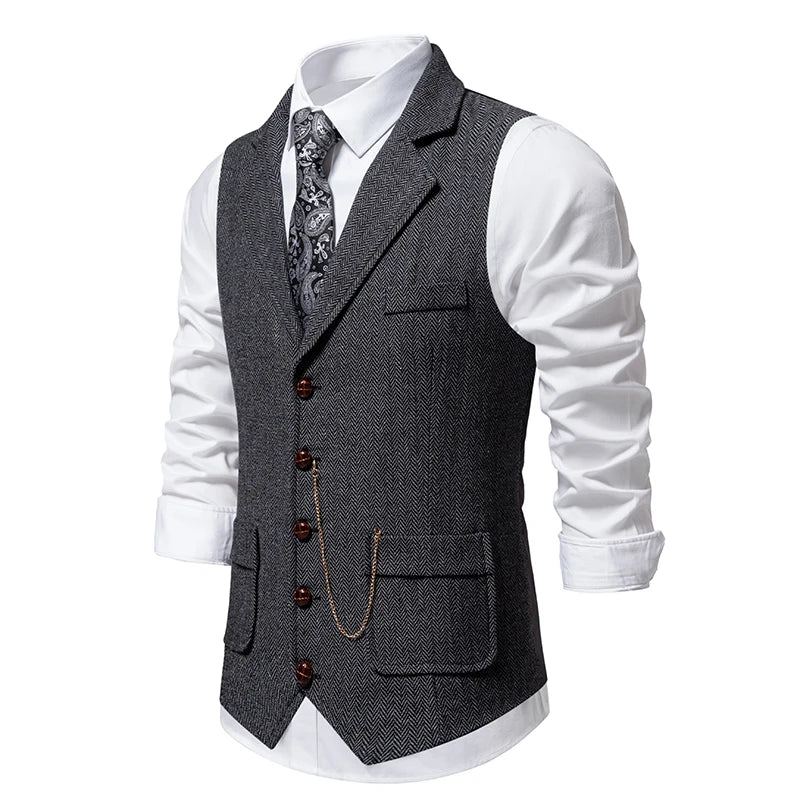 Men's Retro Lapel Chain Vest Fashion Herringbone Coarse Tweed Pockets