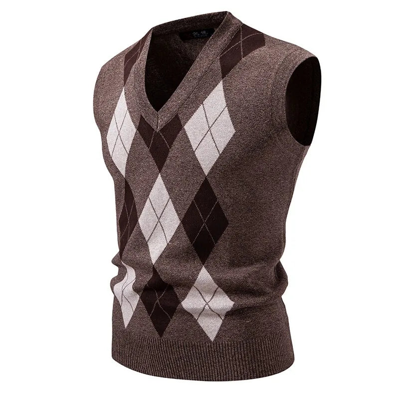 New Mens Argyle Knitwear Vest V Neck Sleeveless Casual Slim Fit