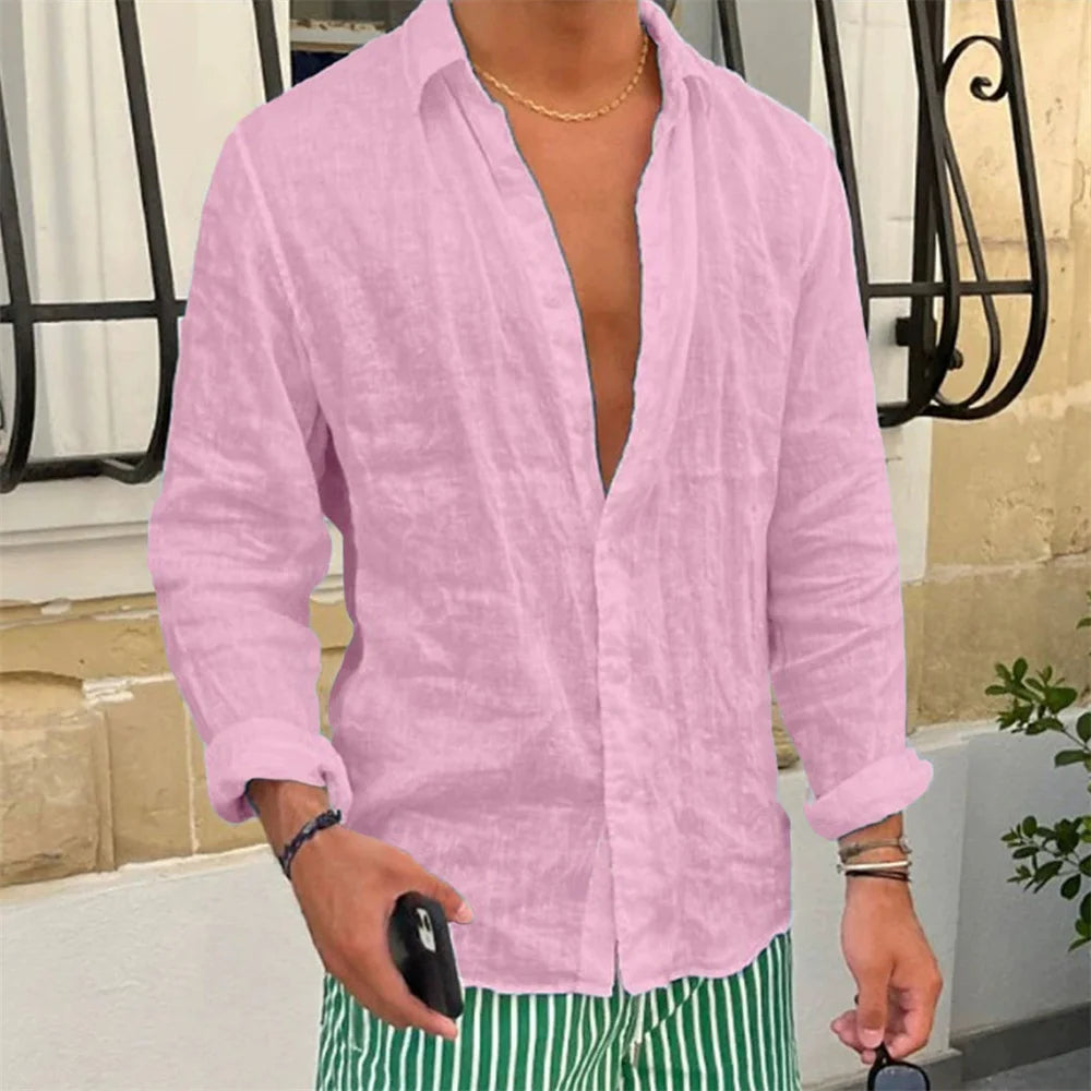 Spring Autumn Men's Cotton Linen Shirt Casual Long Sleeve Solid Color