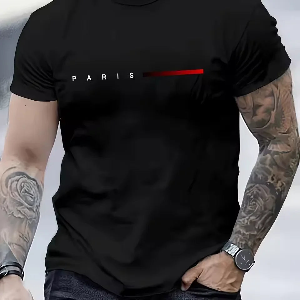 Men's 100% Cotton Summer Loose PARIS Creative Letter Print Casual Slim