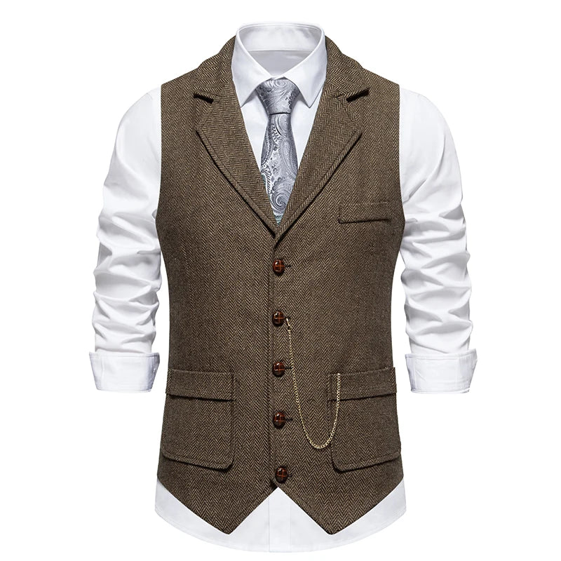 Men's Retro Lapel Chain Vest Fashion Herringbone Coarse Tweed Pockets