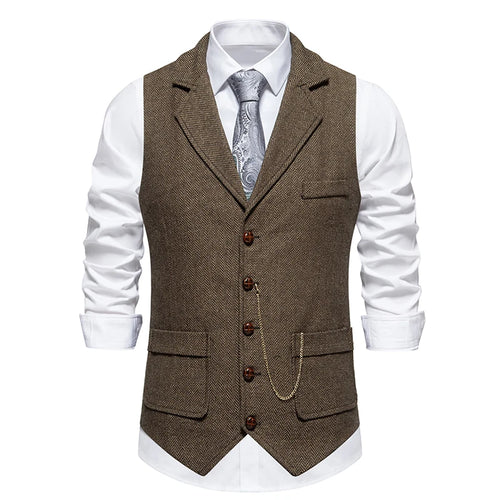 Men's Retro Lapel Chain Vest Fashion Herringbone Coarse Tweed Pockets