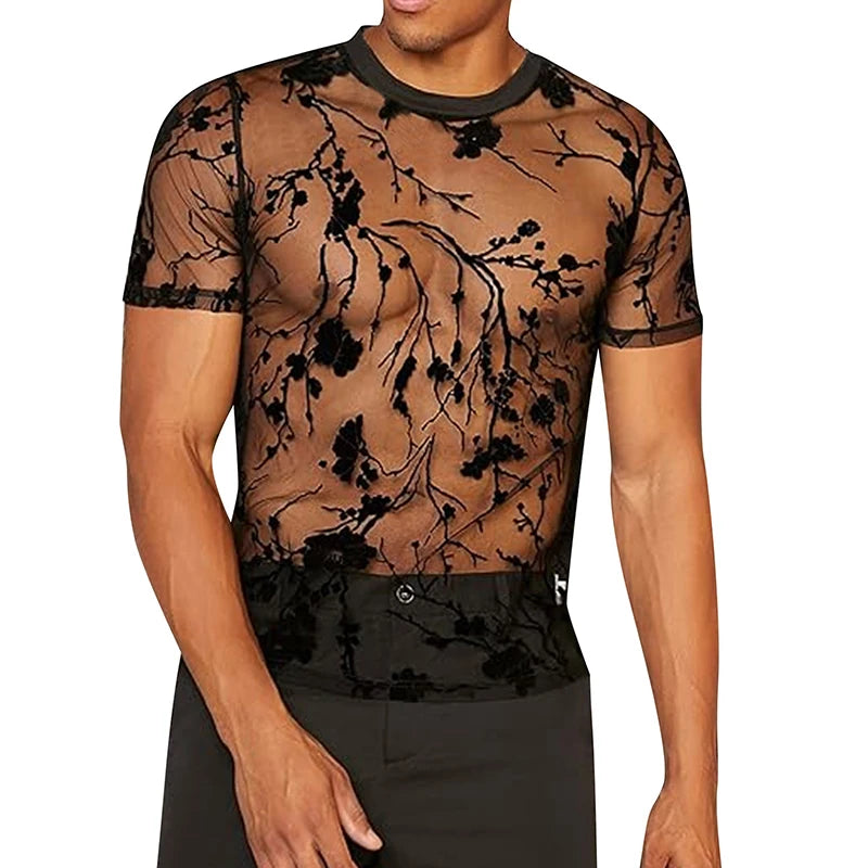 Summer Men's Clothing Mesh Lace Knit T-shirt Streetwear Hollow-Out O