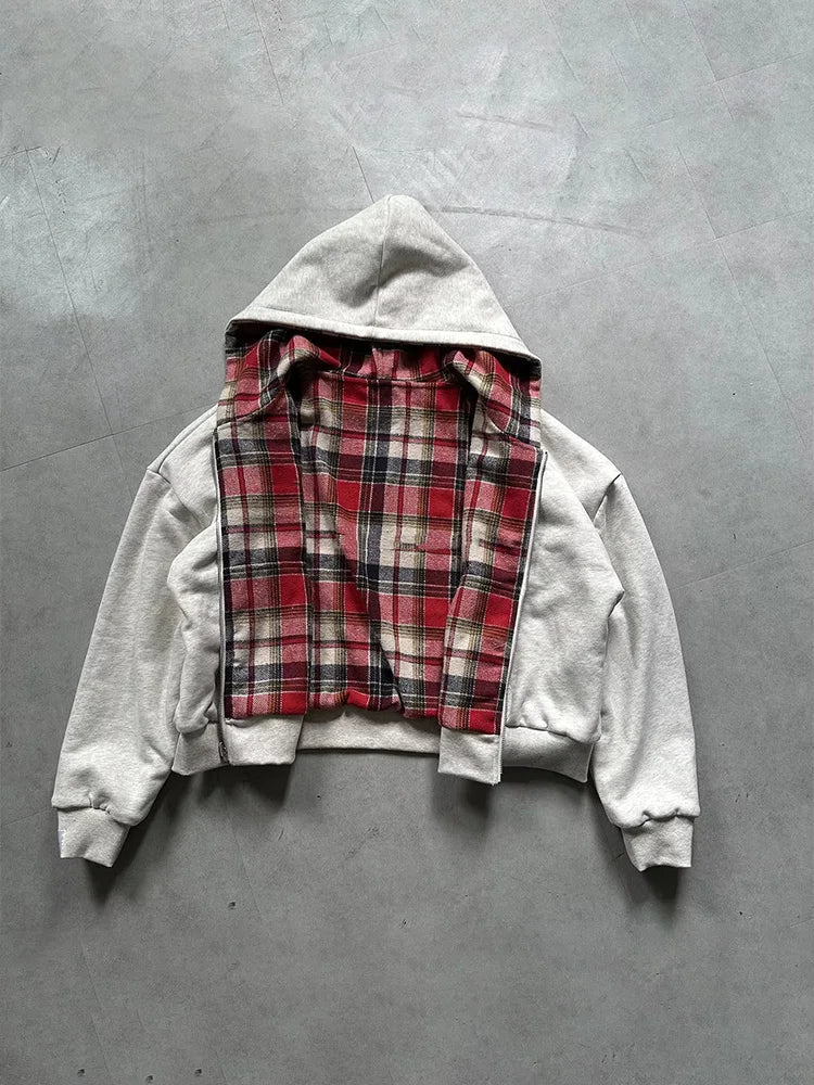 Winter Casual Plaid Print Hoodie Women's Warm Zip-Up Double-Sided Wear