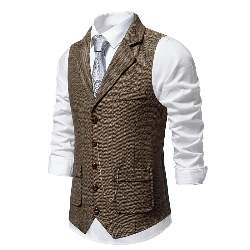 Men's Retro Lapel Chain Vest Fashion Herringbone Coarse Tweed Pockets