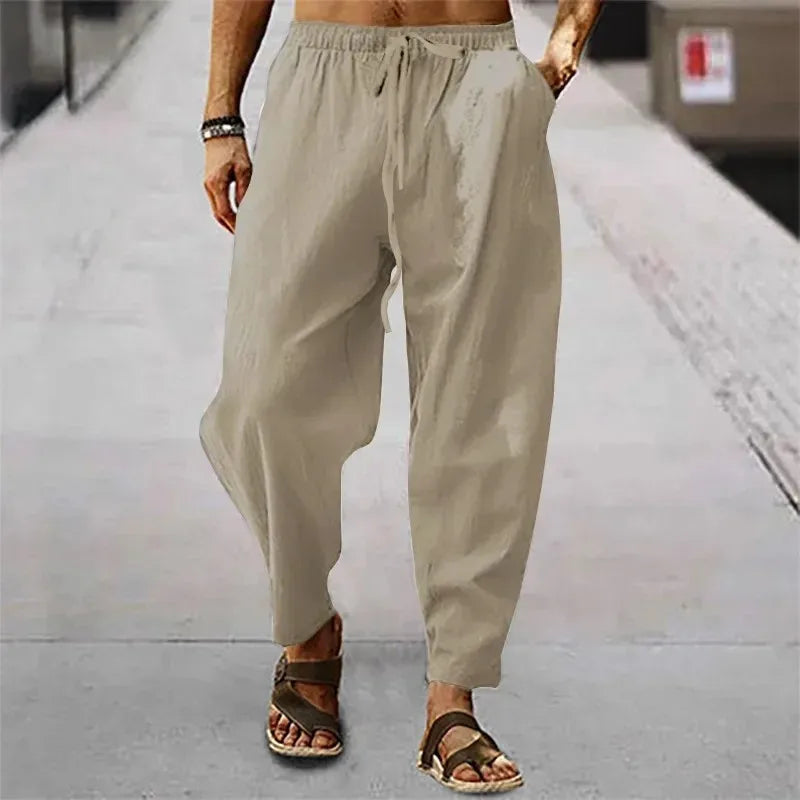 New Men Cotton Linen Pants Summer and Autumn Solid High Waist Wide-Leg