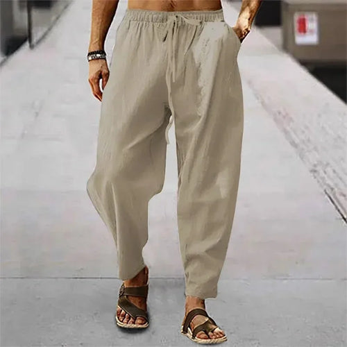 New Men Cotton Linen Pants Summer and Autumn Solid High Waist Wide-Leg