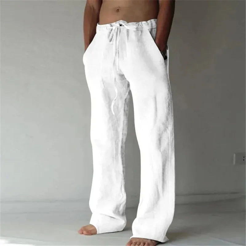 Men's Cotton Linen Long Pants Summer Solid Color Breathable Linen