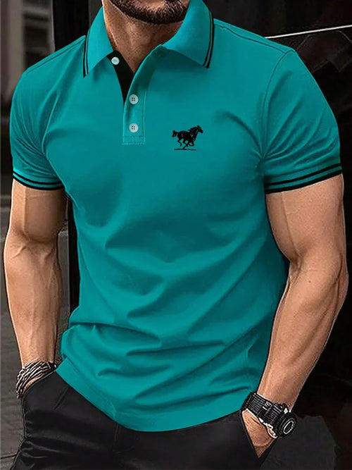 Men Horse Print Striped Trim Polo Shirt Short Sleeve Basic Modern