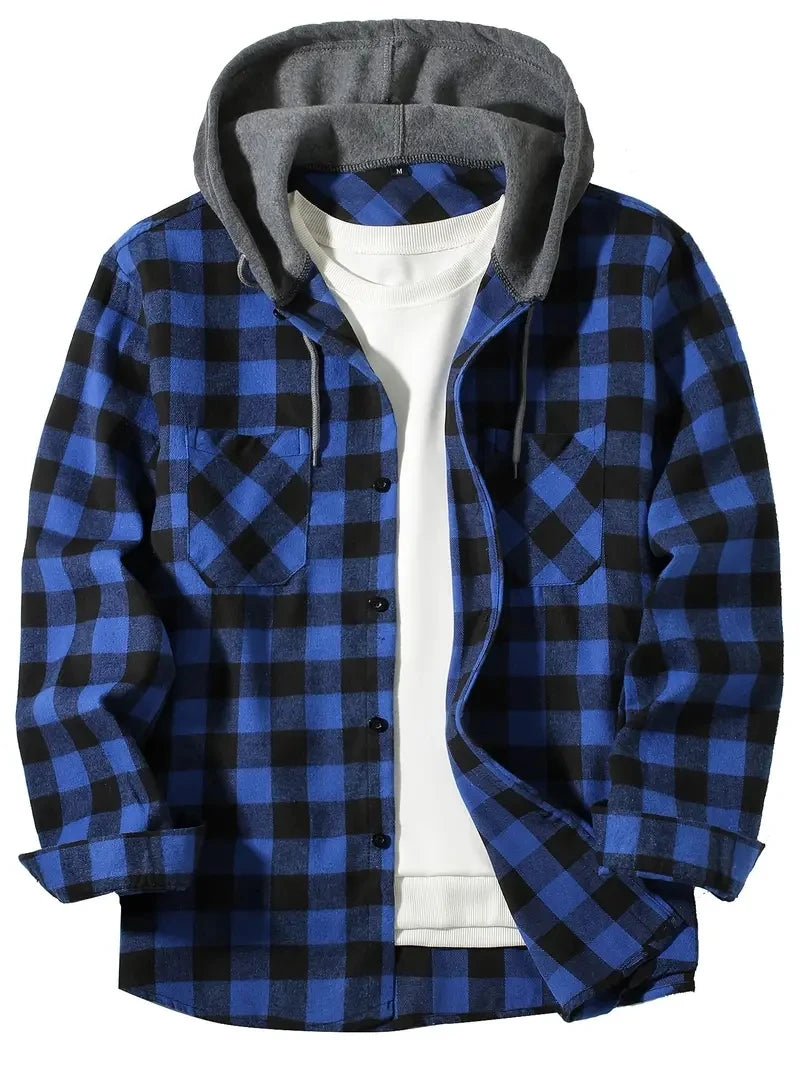 Youth Fashion Street Hooded Plaid Shirt Men's Slim Fit Long Sleeved
