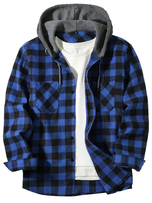 Youth Fashion Street Hooded Plaid Shirt Men's Slim Fit Long Sleeved