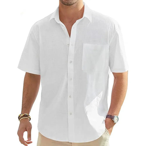 Men's Solid Color Cotton Linen Short Sleeve Shirts Vacation Beach