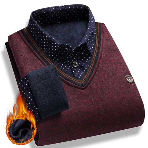 Men's Plush Sweater Autumn Winter Fake Two Piece Pullover Polo Shirt