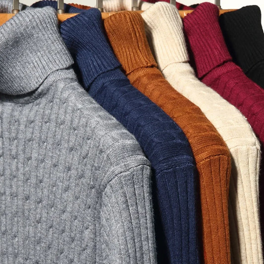 New Men's Turtleneck Sweaters Autumn Knitted Striped Streetwear Warm