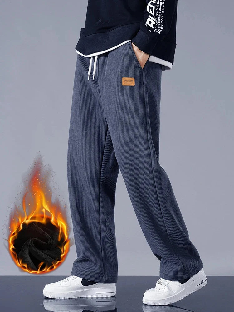 Winter Thick Warm Corduroy Sweatpants Men Fleece Liner Drawstring