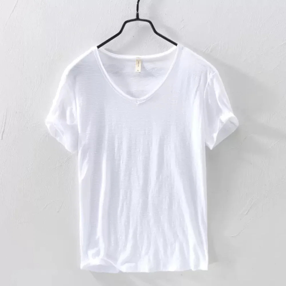 New Mens T Shirt Pure Color V Collar Short Sleeved Tops Tees Men