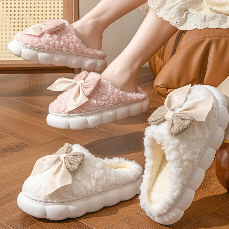 Winter Warm Fur Slippers for Women Cute bow House Non Slip Soft Shoes