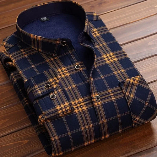 2024 Men's Winter Warm Long Sleeve Plaid Shirts Flannel Fur Lined