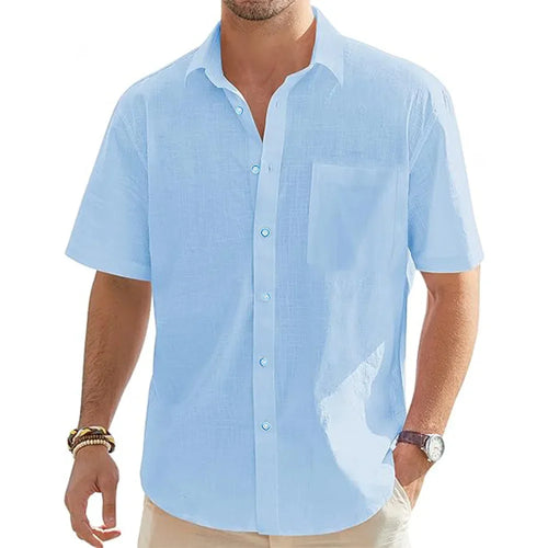 Men's Solid Color Cotton Linen Short Sleeve Shirts Vacation Beach