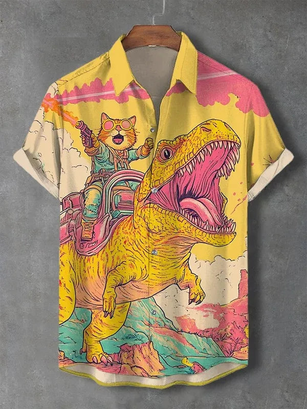 Men's Cat Graphics Shirts Short Sleeved Button Down Lapel Shirt For