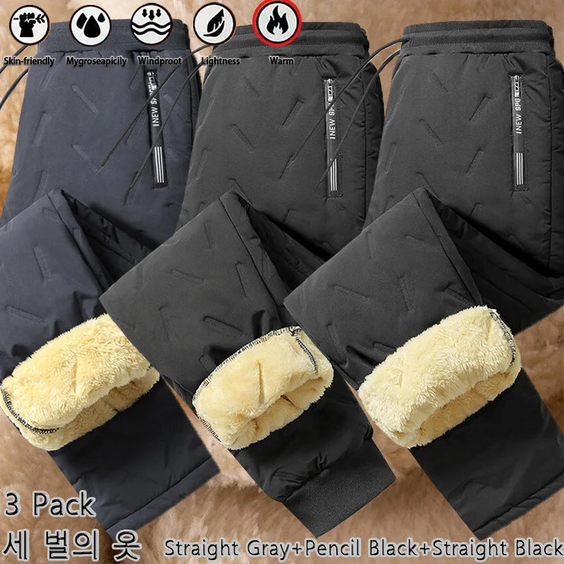 3 Pack Winter Men Plush Thick Fleece Waterproof Pants Windproof Casual