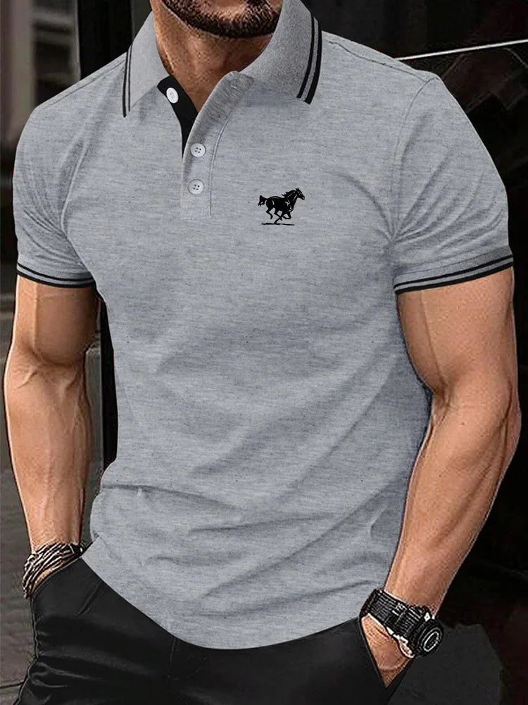 Men Horse Print Striped Trim Polo Shirt Short Sleeve Basic Modern
