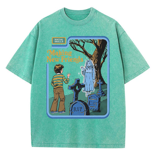 Social Skills Making New Friends Washed Retro Male Women T-Shirts Hip