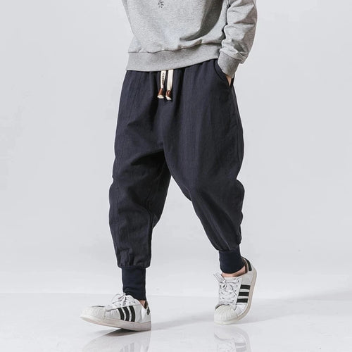 Cotton Linen Harem Pants Men Solid Elastic Waist Streetwear Joggers
