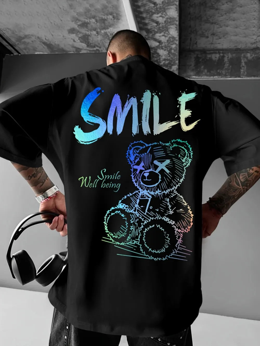 Trendy summer new men's personalized teddy bear print micro elastic