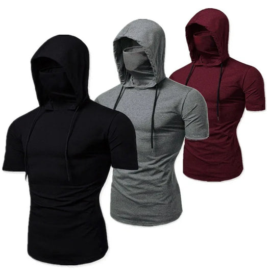 Mens Gym Thin Hoodie Short Sleeve Hoodies With Mask Sweatshirt Casual