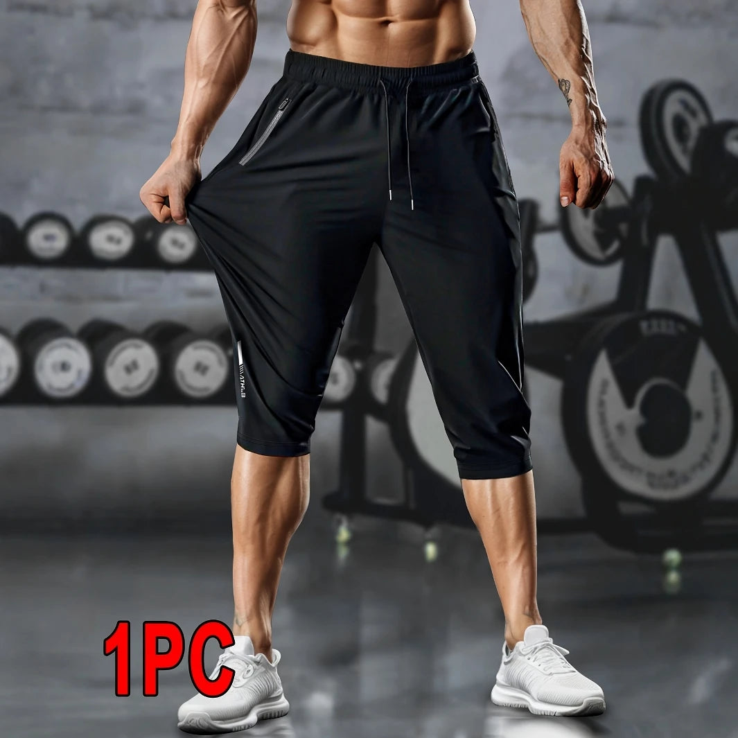 1pc Men's Lightweight Athletic Cropped Pants with Drawstring, Zippered