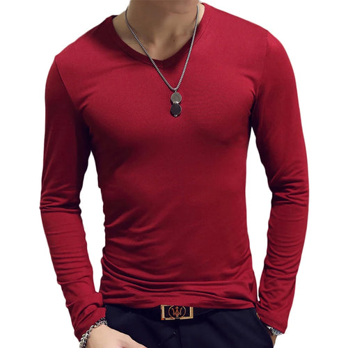 White Solid Color Basic Slim Men T-shirt Spring Autumn Bottoming Shirt