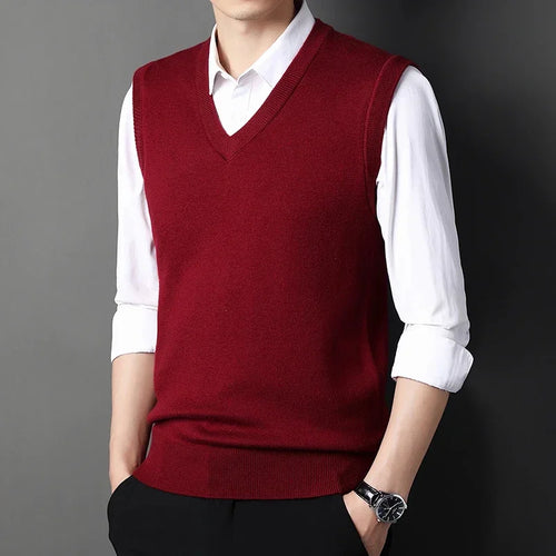 2024 Autumn Winter New Men's Solid Color V-neck Knitted Vest Casual
