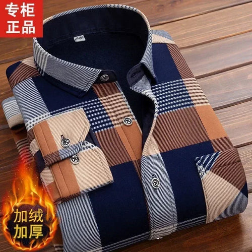2024 Men's Winter Warm Long Sleeve Plaid Shirts Flannel Fur Lined