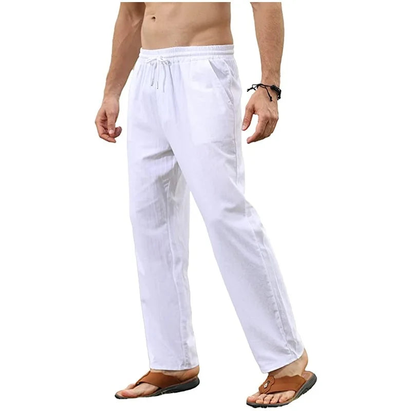 Men's Cotton Linen Pants Casual Loose Pants Male Breathable Solid