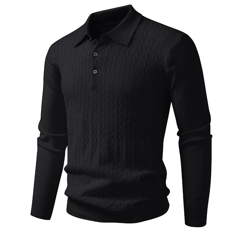Autumn Mens Polo Sweater V Neck Long Sleeve Knit Button Polos Ribbed