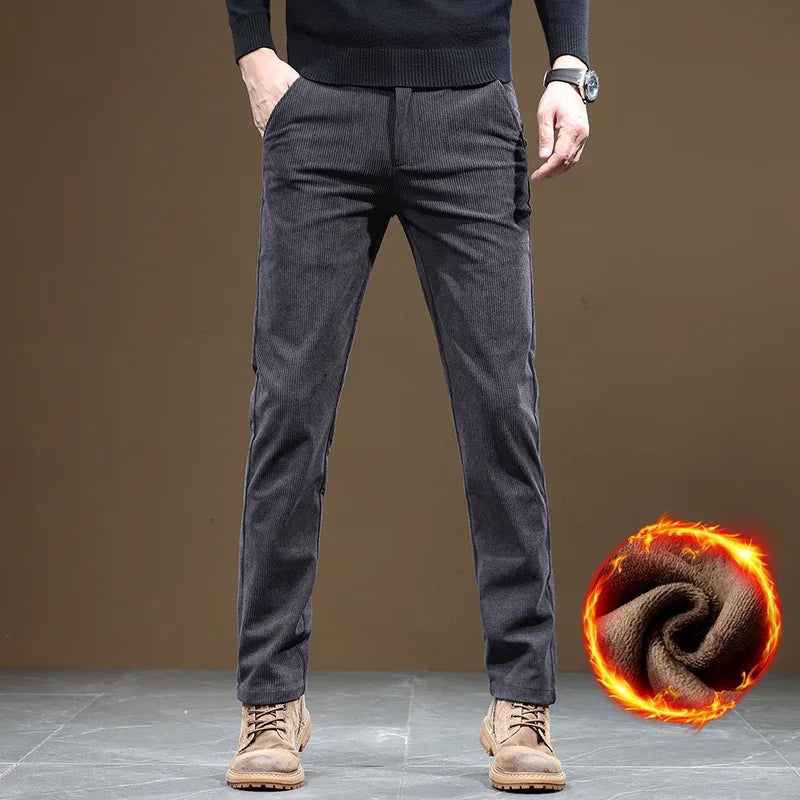 2025 New Winter Fleece Warm Corduroy Pants Men Business Fashion Slim