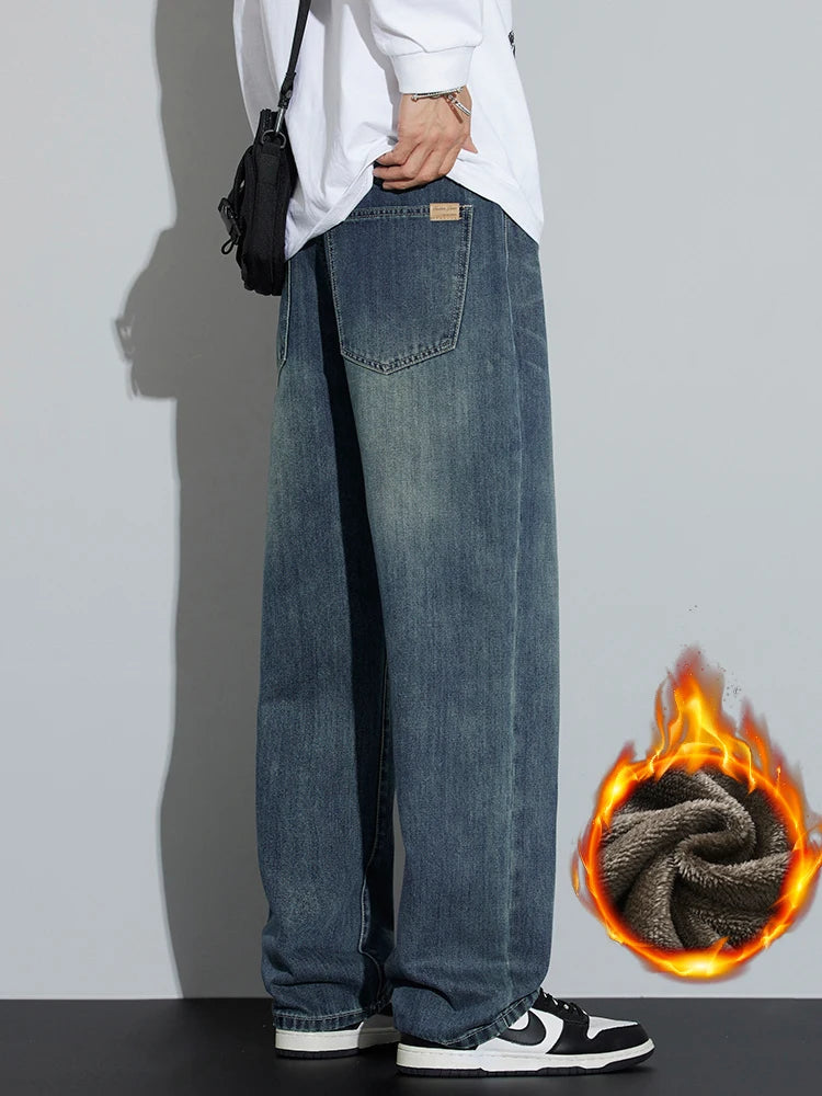 Korean Wide Legs Fleece Jeans Men's Winter Warm Thickened Velvet Loose