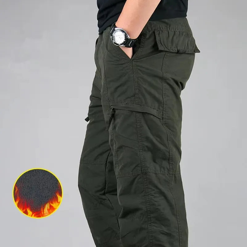 Men's Fleece Cargo Pants Winter Plush Tactical Pants Casual Joggers