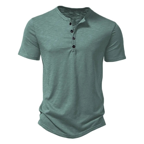 Henley Collar Summer Men Casual Solid Color Short Sleeve T Shirt for