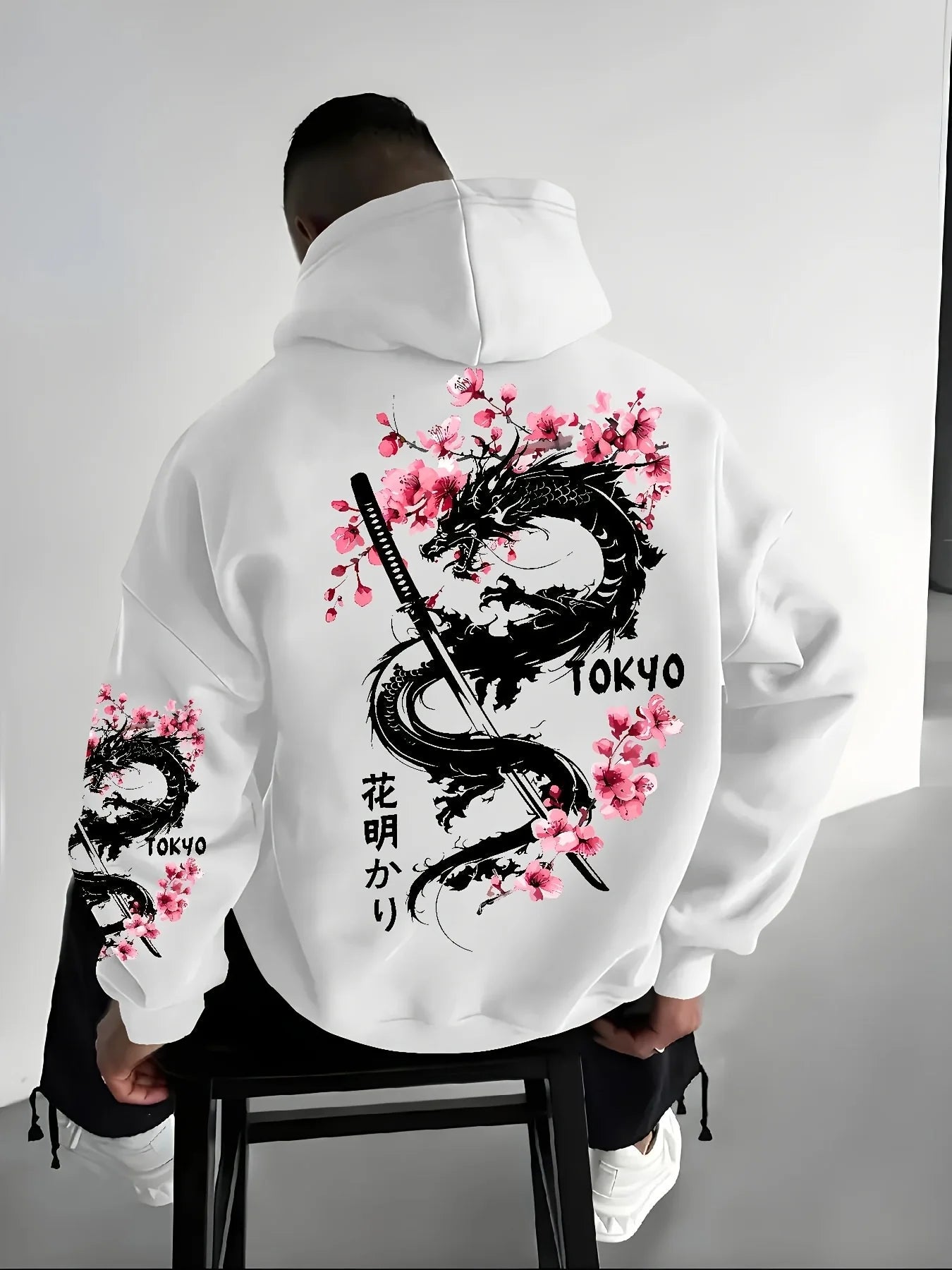 New Men's Anime Dragon Cherry Blossom Printed Hooded Sweatshirt Winter