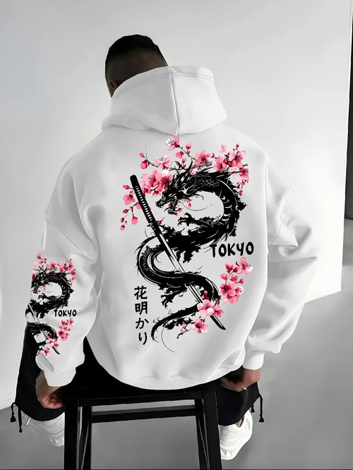 New Men's Anime Dragon Cherry Blossom Printed Hooded Sweatshirt Winter