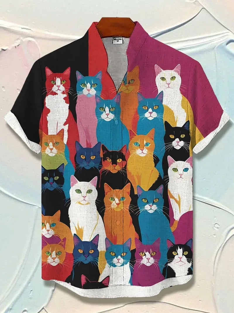 Men's Cat Graphics Shirts Short Sleeved Button Down Lapel Shirt For