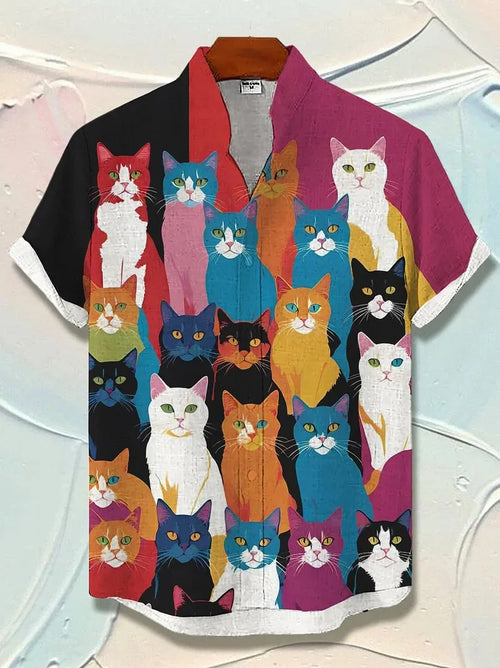 Men's Cat Graphics Shirts Short Sleeved Button Down Lapel Shirt For