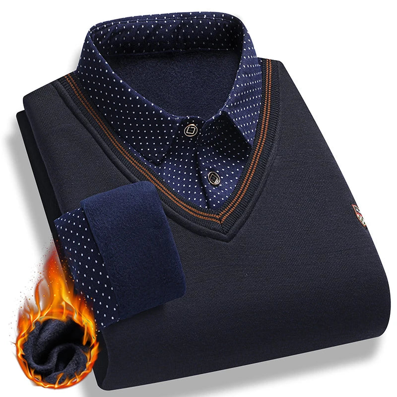 Men's Plush Sweater Autumn Winter Fake Two Piece Pullover Polo Shirt