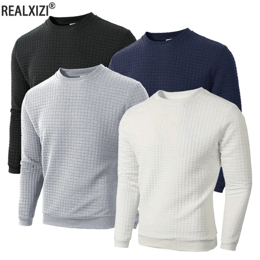 Autumn Men's Crew Neck Pullover Solid Color Casual Jacquard Check