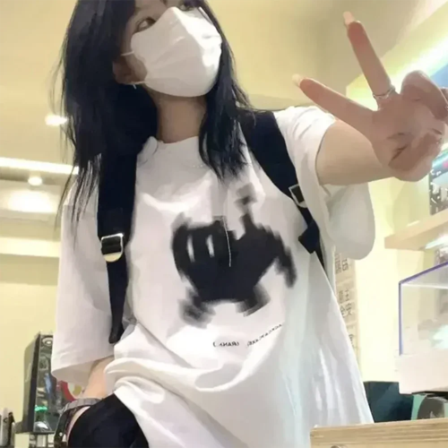 Unisex Oversize Black Cat Women Men Print T-Shirt Round Neck Fun