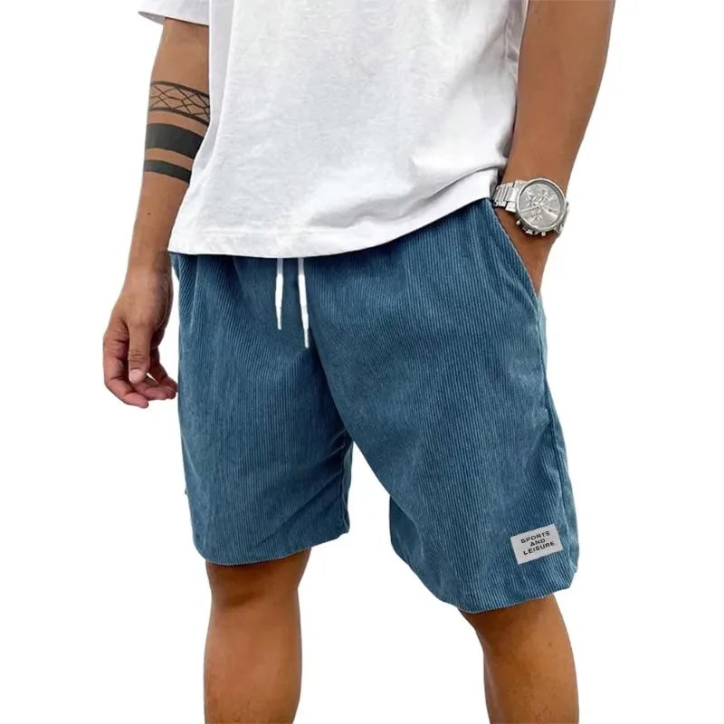 Summer Men's Solid Corduroy Shorts with Drawstring Casual Elastic
